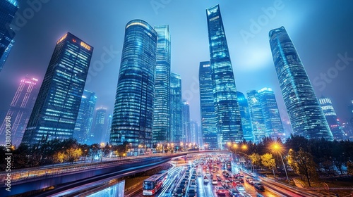 Illuminated skyscrapers and nighttime traffic in a modern city, showcasing urban development, technology, and bustling activity.