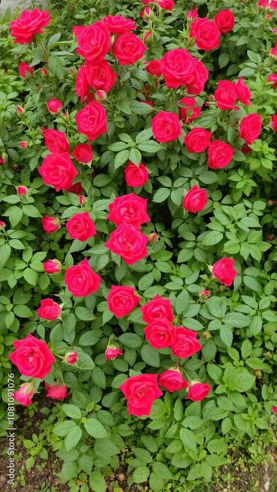 Fototapeta premium Vibrant red rose bushes in full bloom surrounded by lush green foliage in a garden, green, nature, beauty