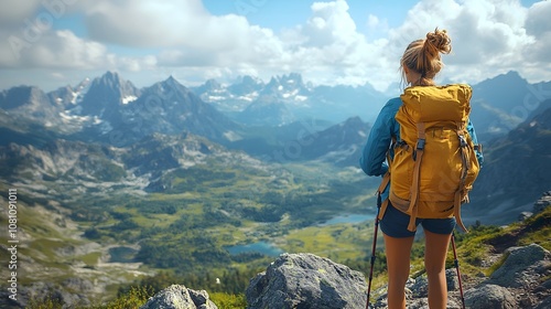 climber reaching the summit of a mountain, with a dramatic view of snow-capped peaks and clouds below. adventure concept photo