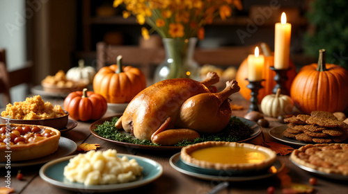 A Cozy Thanksgiving Dinner Table Celebration Surrounded by Autumn Leaves and Warm Candles