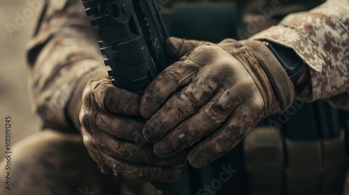 Close-up of a soldier's hands holding a rifle