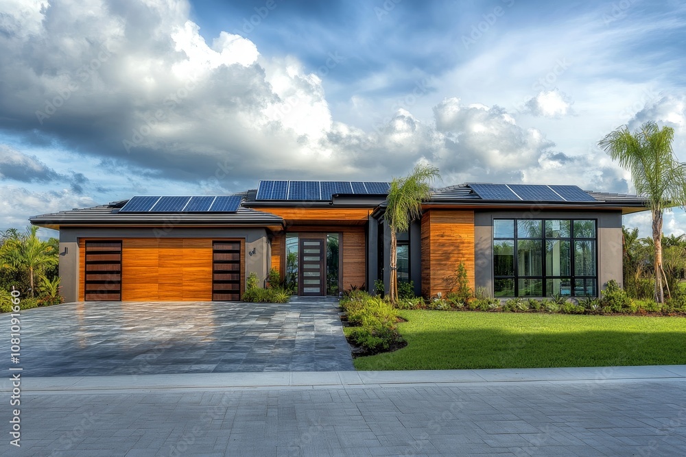 Obraz premium Modern house with solar panels and a cloudy sky, showcasing sustainable living and contemporary design. Features a spacious driveway, lush landscaping, and a sleek, minimalist facade.