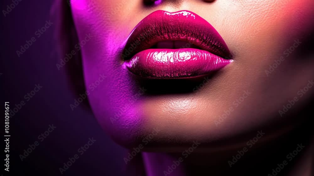 A close-up of a person's lips with glossy pink lipstick, illuminated with purple light A close-up of a person's lips with glossy pink lipstick, illuminated with purple light