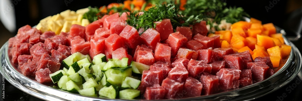 Raw meat and vegetable platter for dog food, perfect for a balanced and healthy meal. This platter includes beef, chicken, carrots, cucumbers, and sweet potatoes. Raw meat and vegetable platter for dog food, perfect for a balanced and healthy meal. This platter includes beef, chicken, carrots, cucumbers, and sweet potatoes.