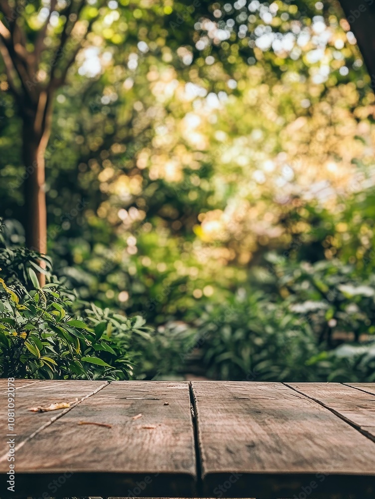 Serene Garden View with Wooden Table in Focus, perfect for showcasing products or creating a calm and natural ambiance. The image symbolizes nature, tranquility, simplicity, relaxation, and beauty. Serene Garden View with Wooden Table in Focus, perfect for showcasing products or creating a calm and natural ambiance. The image symbolizes nature, tranquility, simplicity, relaxation, and beauty.