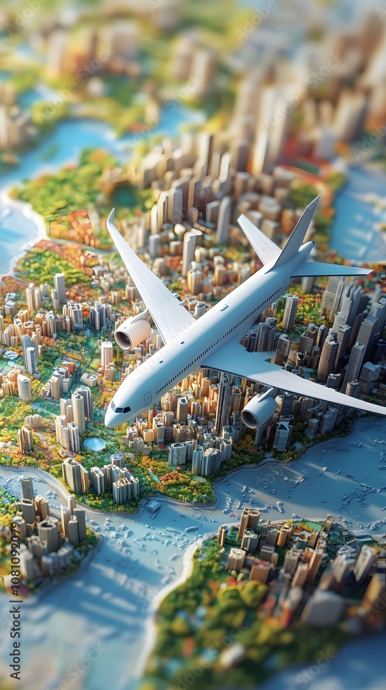 Cartoon illustration of a plane flying over a world map with cities, against a blue sky background Cartoon illustration of a plane flying over a world map with cities, against a blue sky background