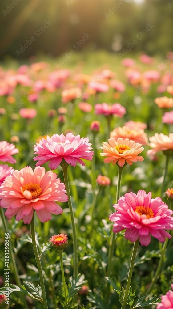 Vibrant pink and peach ranunculus flowers blooming in a field under the sunshine, fresh, colorful, vibrant Vibrant pink and peach ranunculus flowers blooming in a field under the sunshine, fresh, colorful, vibrant