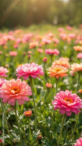 Vibrant pink and peach ranunculus flowers blooming in a field under the sunshine, fresh, colorful, vibrant