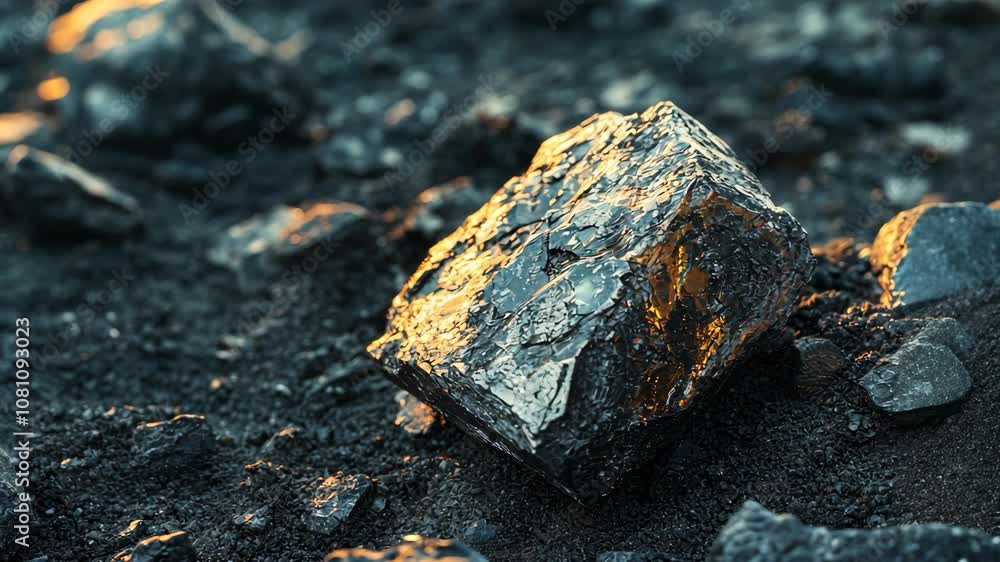 A large black rock sits on a bed of smaller rocks, bathed in the warm light of the setting sun A large black rock sits on a bed of smaller rocks, bathed in the warm light of the setting sun