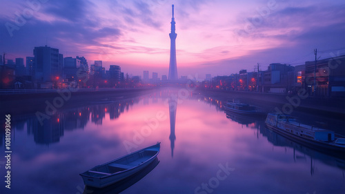 東京スカイツリーと夜明けのリフレクション photo