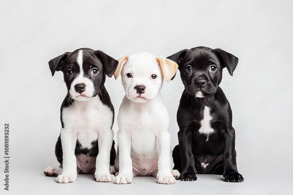 Fototapeta premium Three adorable puppies of different colors sit together, looking at the camera with big, innocent eyes. This heartwarming image captures the joy and playfulness of puppies, perfect for showcasing the 