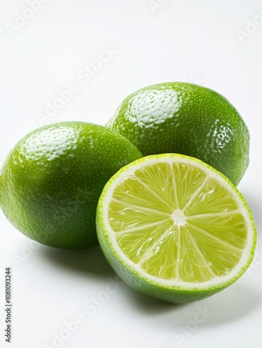 Three limes, two whole and one sliced in half, sit on a clean white background. The limes are green and juicy, with a natural shine. These fresh limes are perfect for adding a burst of citrus flavor t