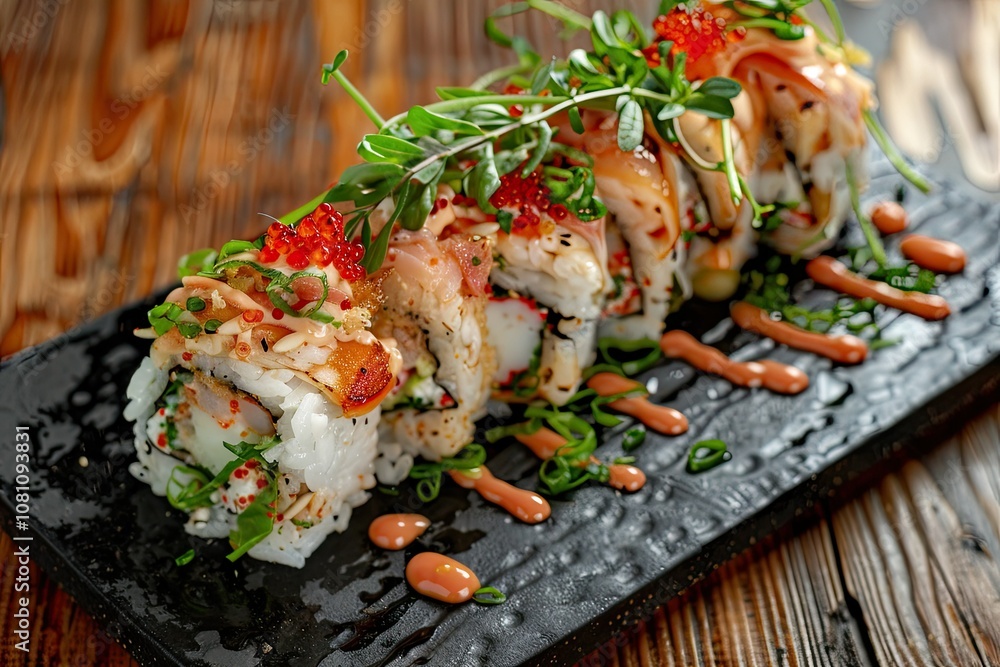 Japanese-style sushi presentation on a dark board, with contrasting colors and neat placement Japanese-style sushi presentation on a dark board, with contrasting colors and neat placement
