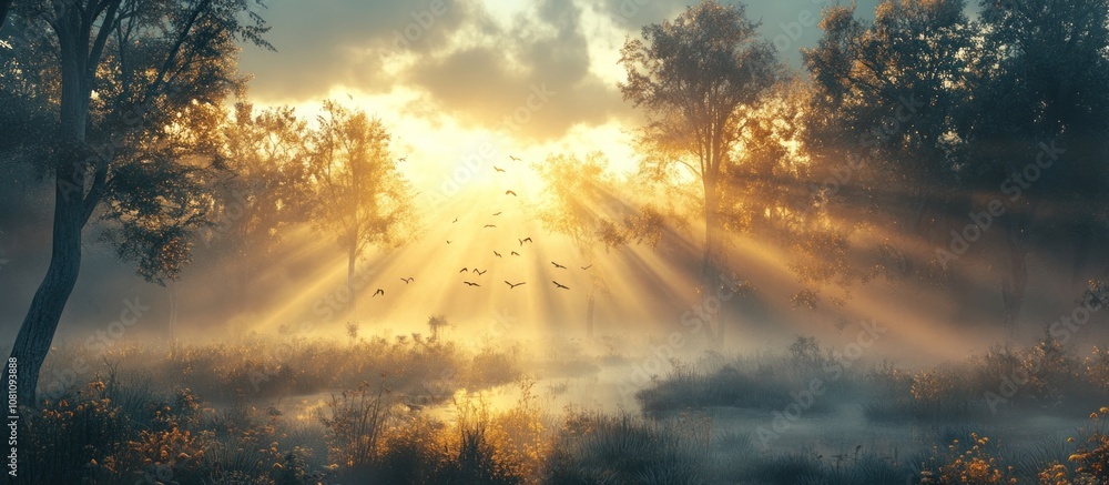 Naklejka premium Golden sunrise beams through a misty forest with birds flying overhead.