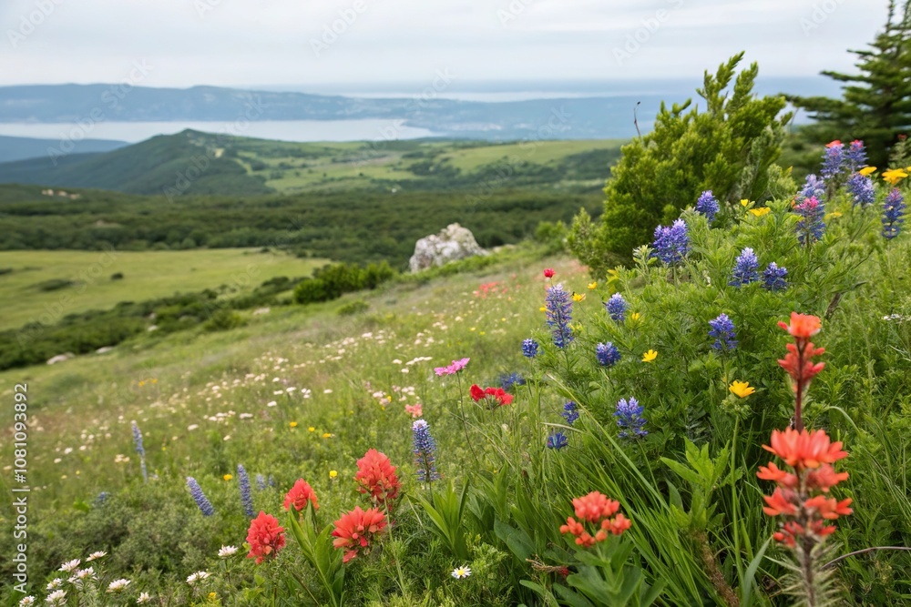 Vibrant wildflowers blooming among the green, fauna, natural beauty Vibrant wildflowers blooming among the green, fauna, natural beauty