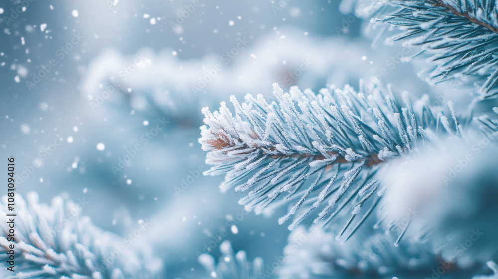 Winter serenity: close-up of snow-dusted pine branches for seasonal design Winter serenity: close-up of snow-dusted pine branches for seasonal design