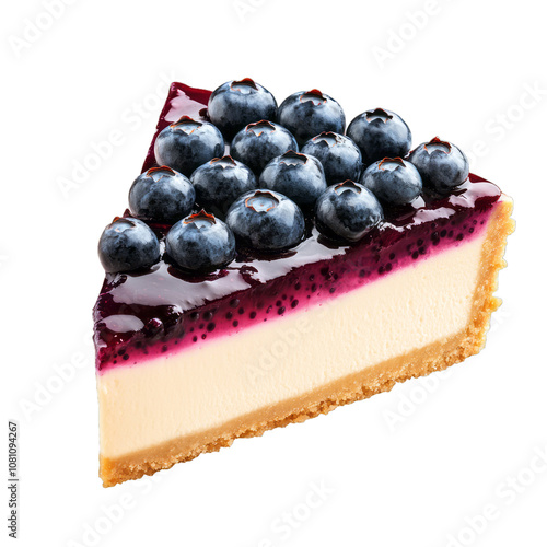Slice of blueberry cheesecake with vibrant blueberry compote on top creamy texture isolated on a transparent background 