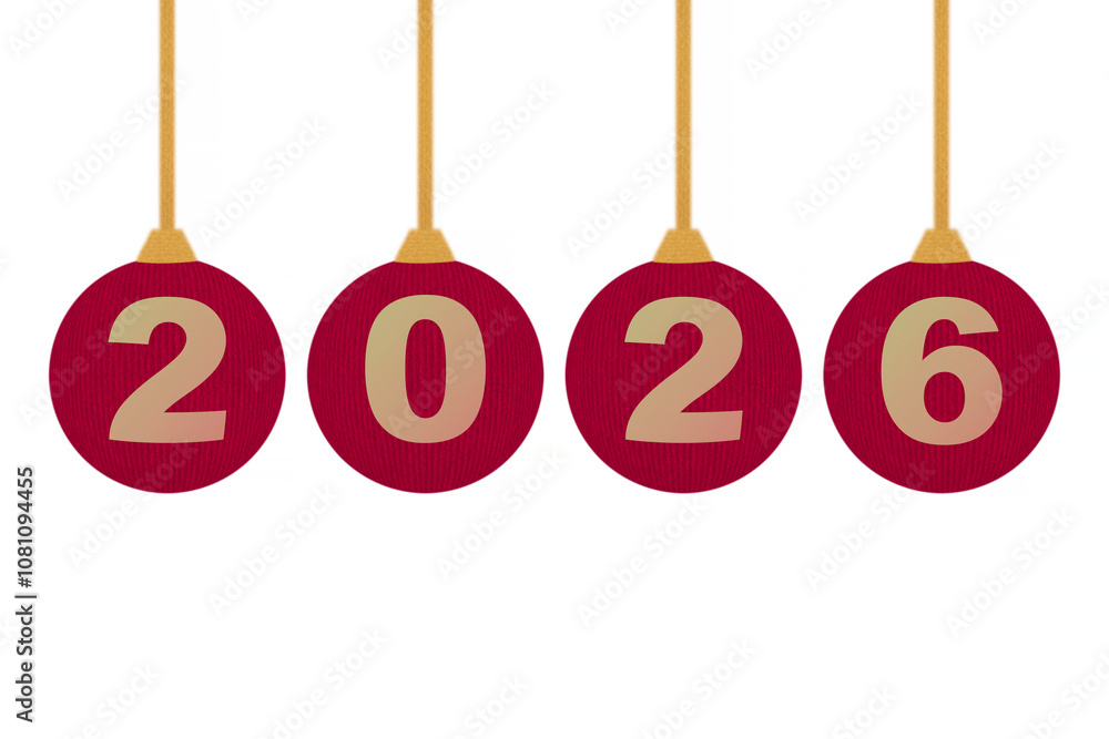 new year 2026 sign on red Christmas balls hanging on threads new year 2026 sign on red Christmas balls hanging on threads