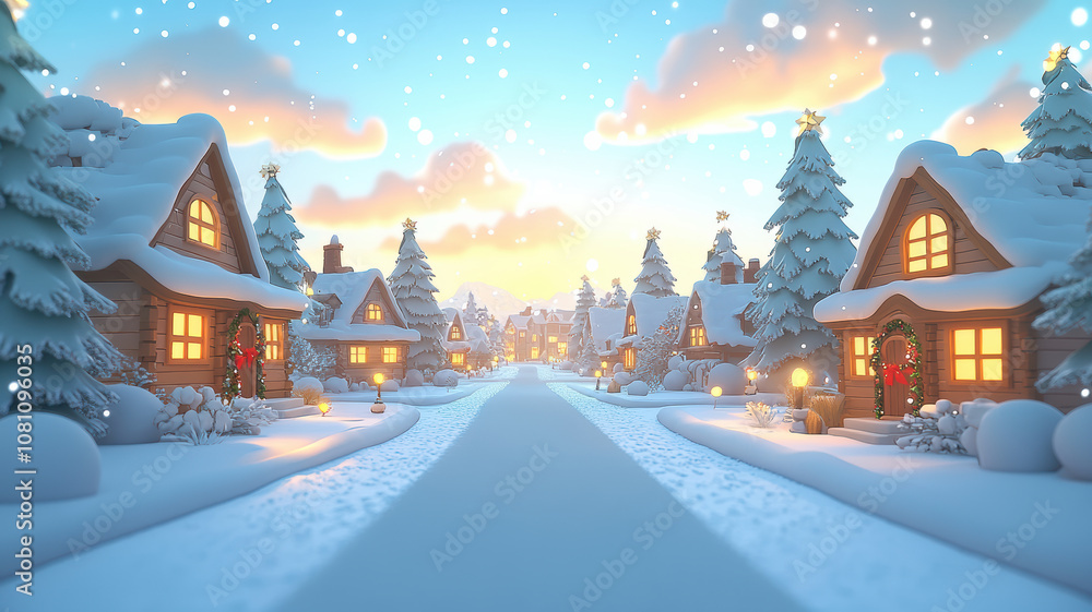 Fototapeta premium Cartoon winter scene with houses christmas trees and open center