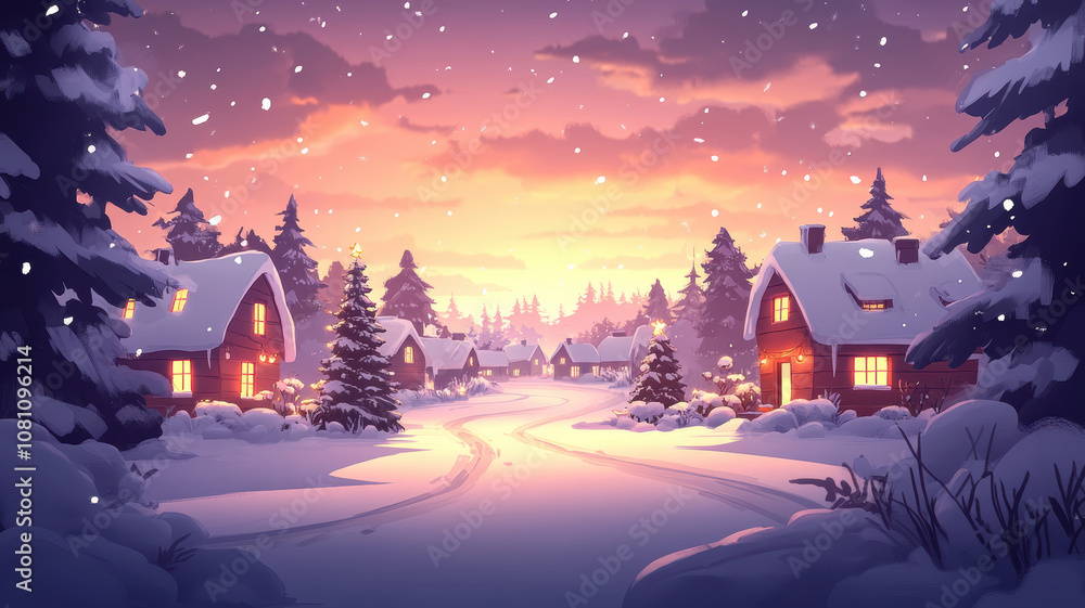 Fototapeta premium Cartoon winter scene with houses and christmas trees for text