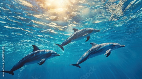 Aerial shot of dolphins swimming through a vibrant blue ocean