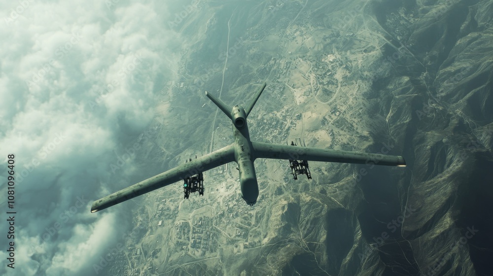 Naklejka premium Drone Surveillance Mission Over a Desert Battlefield