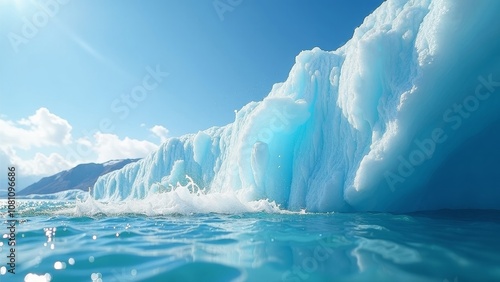 Close-up View of a Melting Glacier with Water Flowing Under a Clear Blue Sky