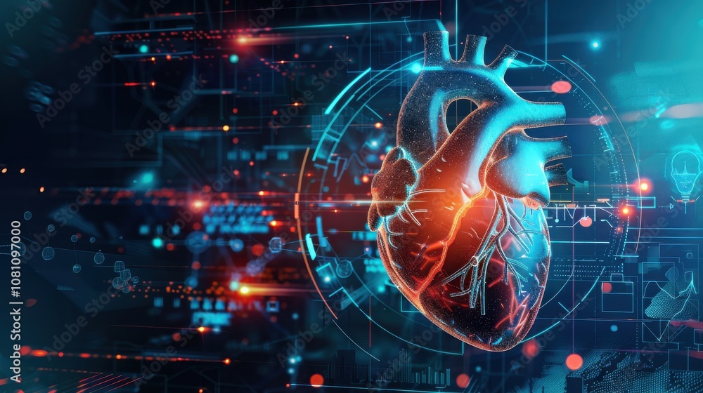 Obraz premium Heart testing results on digital interface on laboratory or surgical background, innovative technology in science and medicine concept. medical technology