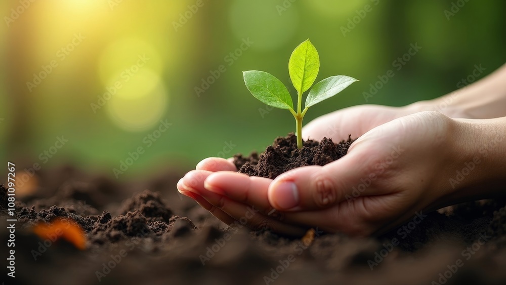 Nurturing Nature: Hand Cradling a New Green Sprout in Rich Soil Nurturing Nature: Hand Cradling a New Green Sprout in Rich Soil