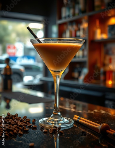 A creamy cocktail sits on a bar counter, garnished with coffee beans and a straw photo