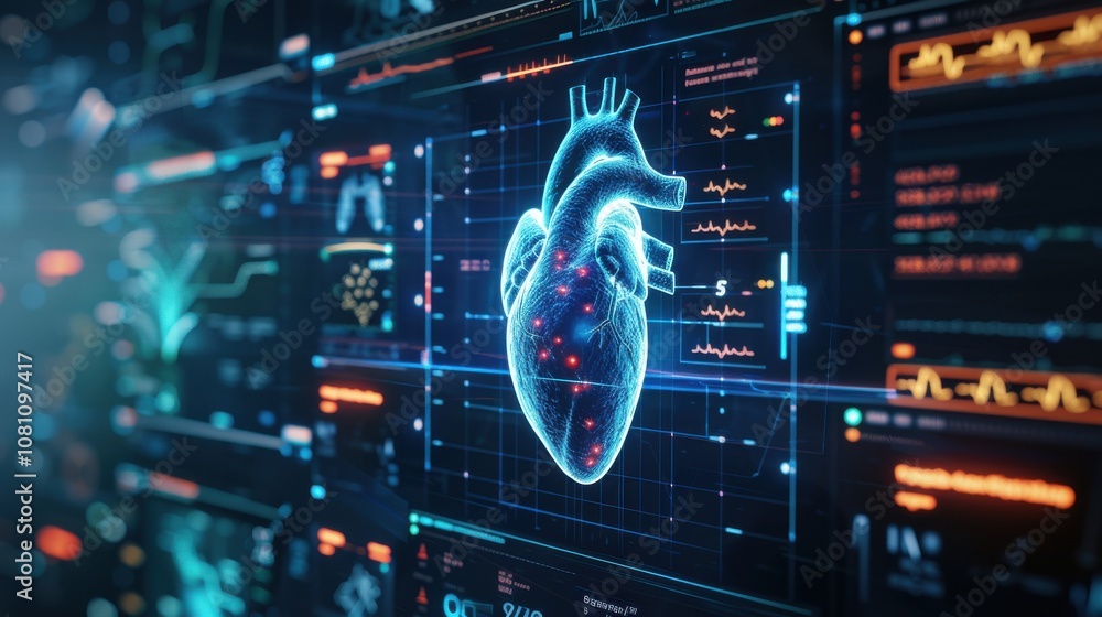 Heart testing results on digital interface on laboratory or surgical background, innovative technology in science and medicine concept. medical technology Heart testing results on digital interface on laboratory or surgical background, innovative technology in science and medicine concept. medical technology