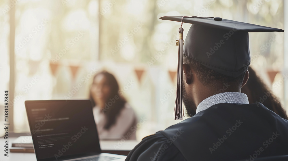 Obraz premium E learning graduate celebrating with friends on video call