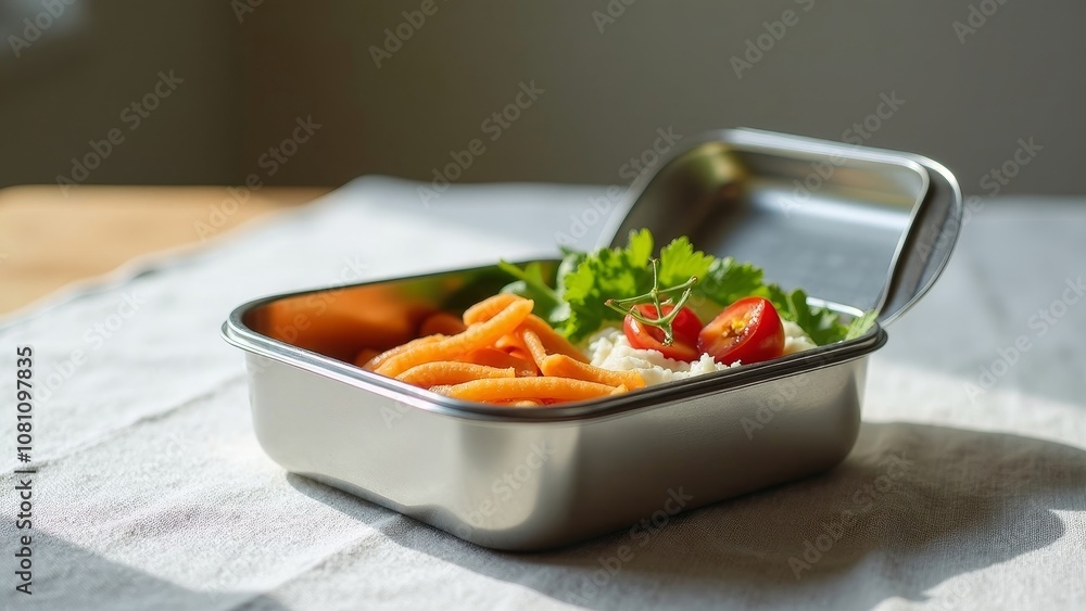 Minimalist Stainless Steel Lunch Box with Simple Meal Minimalist Stainless Steel Lunch Box with Simple Meal