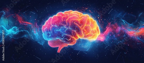 A glowing, colorful human brain surrounded by swirling smoke with a dark blue background.