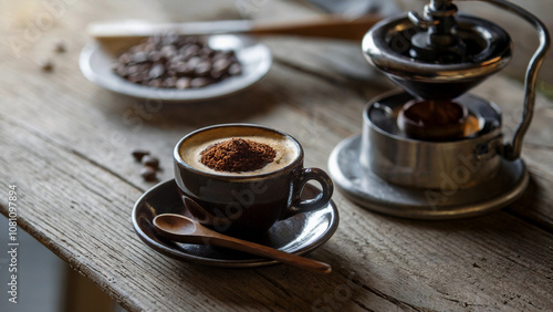 Rustic Espresso Moment with Freshly Ground Coffee on a Weathered Wooden Table