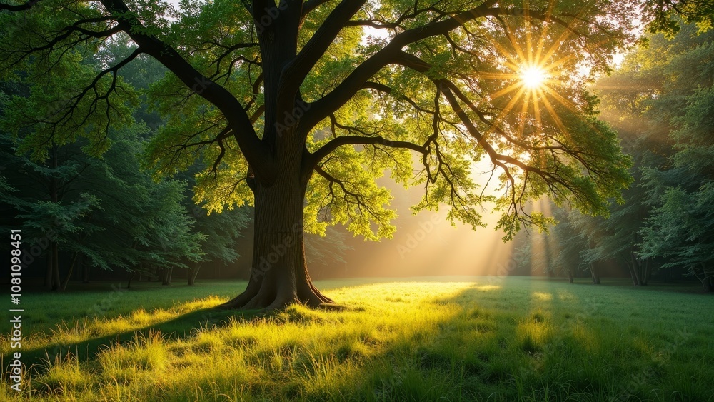 Majestic Oak Tree Illuminated by Sunlight in a Serene Forest Clearing Majestic Oak Tree Illuminated by Sunlight in a Serene Forest Clearing