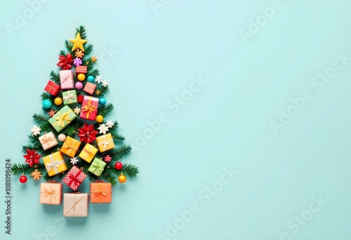 Christmas tree made of colorful presents and gifts. Flat lay. Holiday concept.