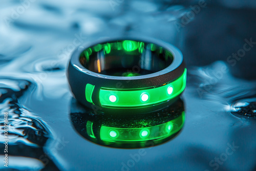 Contemporary health ring with luminous green interface. photo