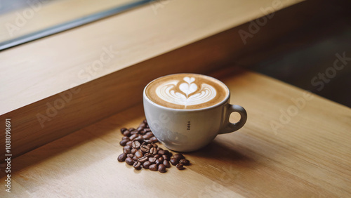 Minimalist Latte Art in a Cozy Cafe Setting with Coffee Beans on Wooden Surface