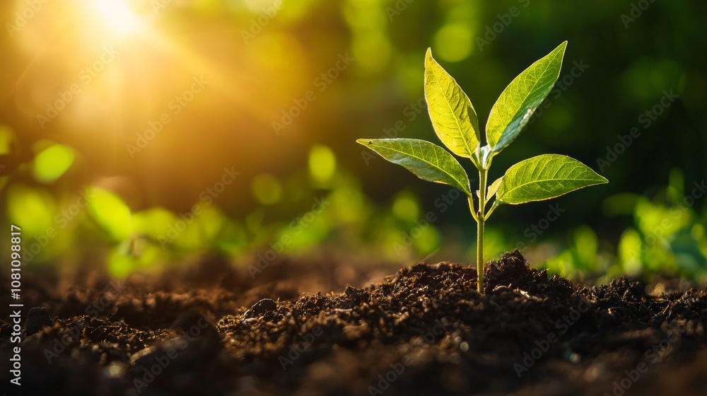 Young green plant growing in sunlight in rich soil Young green plant growing in sunlight in rich soil