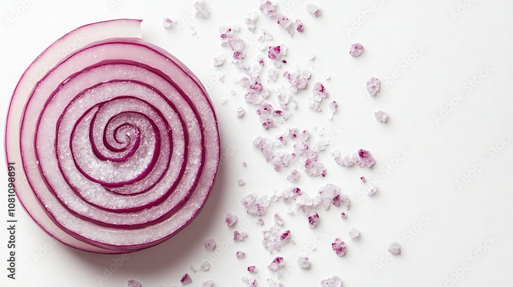Isolated red onion with spiral rings on a clean white background, artistically arranged with salt grains Isolated red onion with spiral rings on a clean white background, artistically arranged with salt grains