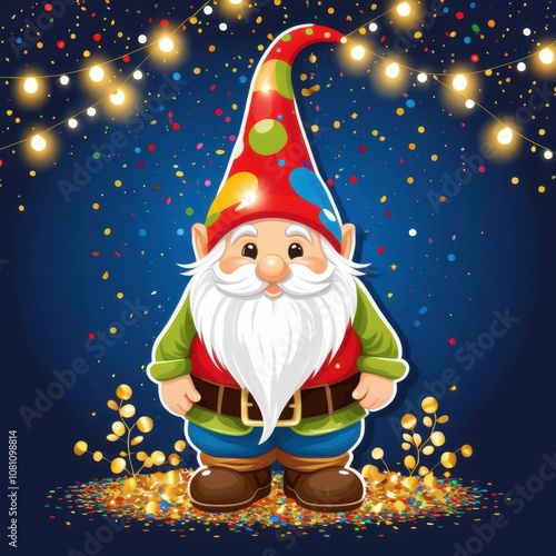 New Year's gnome illustration in vector, surrounded by lights and confetti, minimal festive look