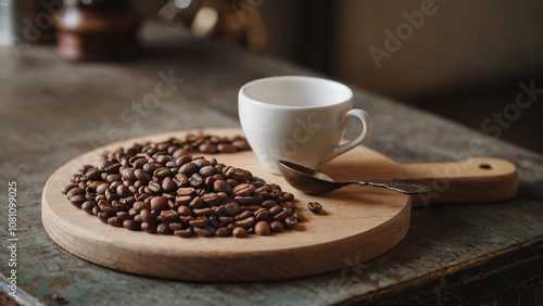 Rustic Coffee Beans Display with Empty Cup and Vintage Spoon on Wooden Cutting Board