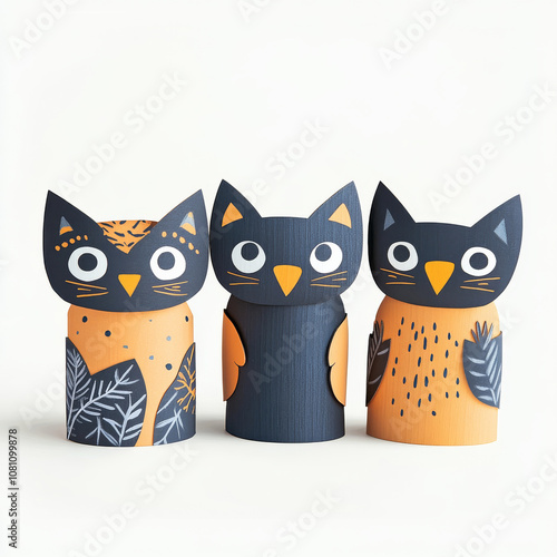 Colorful paper owl figures perfect for crafts and playful decor in a cheerful setting. photo