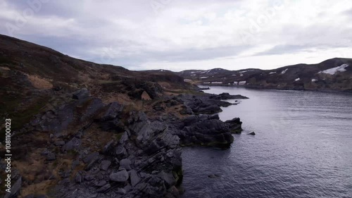 Rock formation on the Atlantic coast at North Cape, Norway, captured by drone