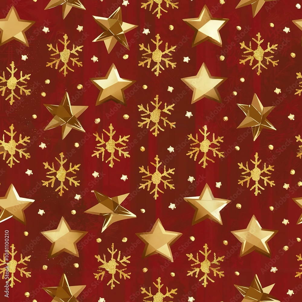 Minimalist decorative background with endless pattern - Golden stars and snowflakes on red background Minimalist decorative background with endless pattern - Golden stars and snowflakes on red background