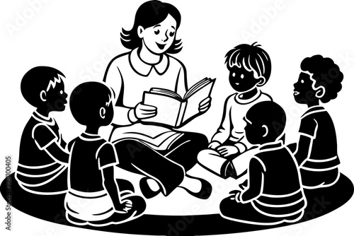 A teacher sitting in a circle with kindergarten children, reading a colorful storybook