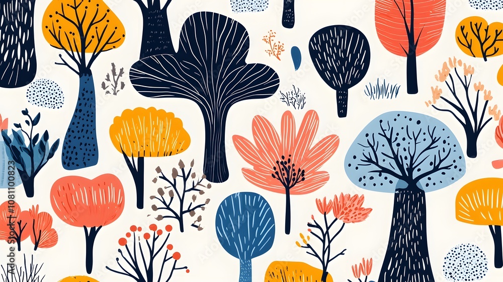 Fototapeta premium Cartoon, Nature, Trees, Deer, Stag, Forest, Abstract Image, Texture, Pattern Background, Wallpaper, Cover and Screen for Smartphone, PC, Laptop, 9:16 and 16:9 Format