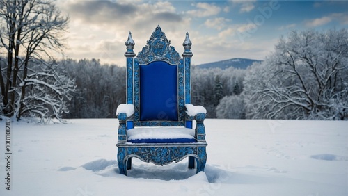 Empty antique blue and silver throne with beautiful nature forest, mountain landscape covered in white snow