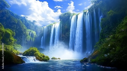 Blue sky and white clouds surround a beautiful waterfall in tropical forest